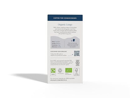 Cru Kafe Lungo Espresso Strong USDA Organic Espresso Coffee Capsules (10 Pods) Fairtrade Coffee Pods Compatible with Nespresso Original Line and Pixie Machines