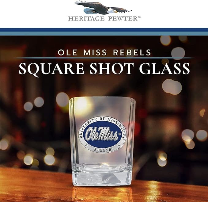 Heritage Pewter University of Mississippi Ole Miss Square Shot Glass | Hand-Sculpted 1.5 Ounce Shot Glass | Intricately Crafted Metal Pewter Alma Mater Inlay