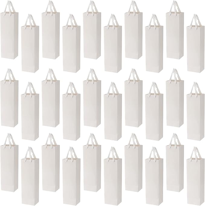 SEUNMUK 30 Pack 13.8 x 4.3 x 3.5 Inch White Wine Bottle Bags, 250 gsm Thick Strong Paper Wine Gift Bag with handles, Elegant Paper Bags for Party Shopping Retail Wedding