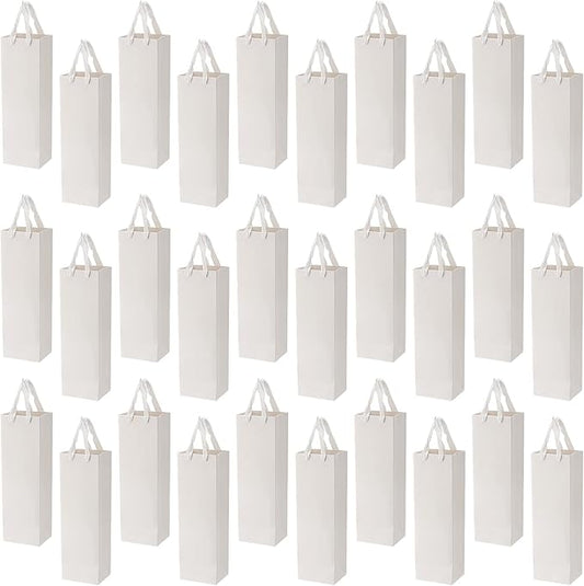 SEUNMUK 30 Pack 13.8 x 4.3 x 3.5 Inch White Wine Bottle Bags, 250 gsm Thick Strong Paper Wine Gift Bag with handles, Elegant Paper Bags for Party Shopping Retail Wedding