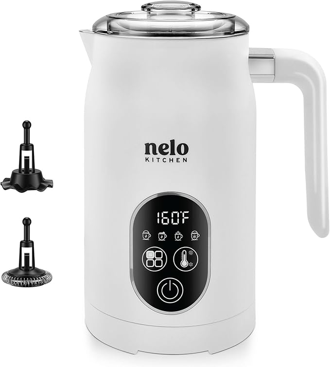 NELO Electric Milk Frother, 4 In 1 Digital Milk Frother and Steamer with Real-Time Temperature Control, Automatic Frother for Coffee, Latte, Hot Chocolate, Cappuccino, BPA Free Stainless Steel (White)