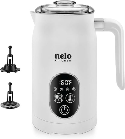 NELO Electric Milk Frother, 4 In 1 Digital Milk Frother and Steamer with Real-Time Temperature Control, Automatic Frother for Coffee, Latte, Hot Chocolate, Cappuccino, BPA Free Stainless Steel (White)