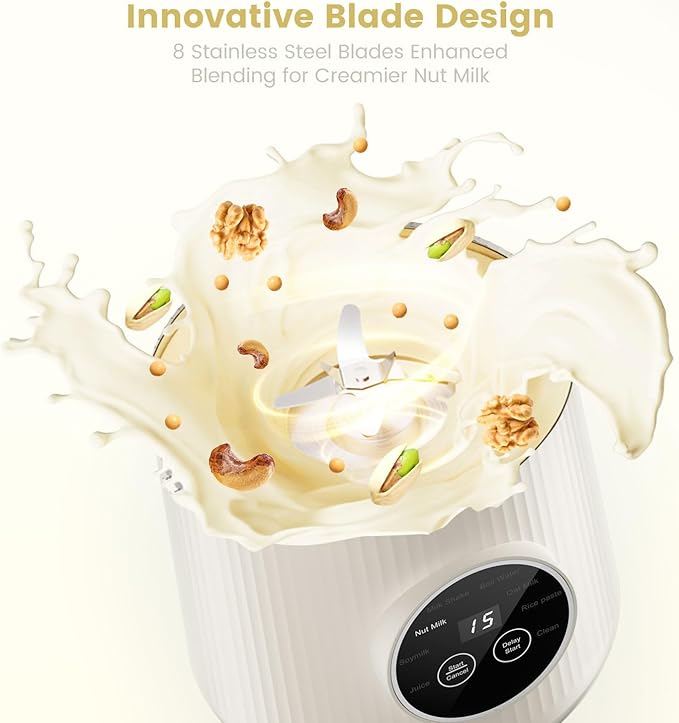 Nut Milk Maker Machine - 8 in 1 Soy Milk Maker Machine 40 Oz with Self-Cleaning, 24H Delay Start & 12H Keep Warm, Automatic Plant-Based Milk Blender for Almond, Oat, Coconut, Soybean (White)