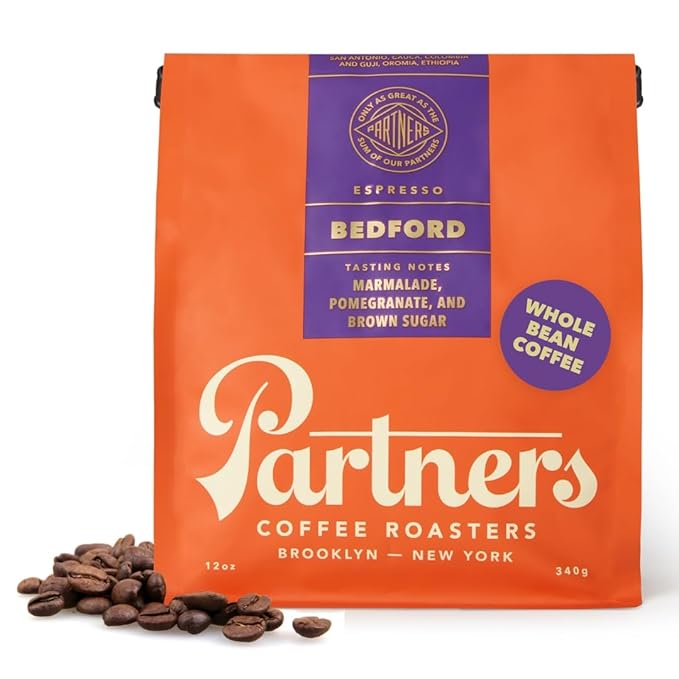 PARTNERS COFFEE ROASTERS - Whole Bean Coffee (Bedford - Espresso, Medium Roast) 12oz - Fruity, Complex, Bright Espresso - Marmalade, Pomegranate, Sugar - Whole Coffee Beans - Roasted in New York City