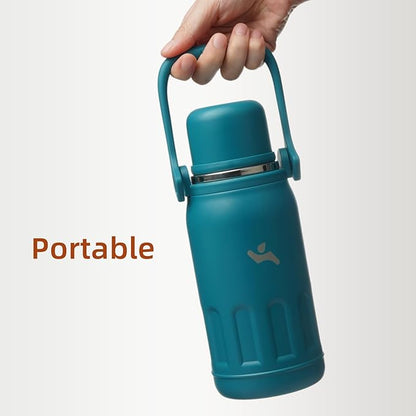 Insulated Water Bottle with Handle and Strap,Vacuum Travel Tumbler with Cup Lid,Thermo Coffee Cup for Hot Cold Drinks 50 OZ,Lake Blue