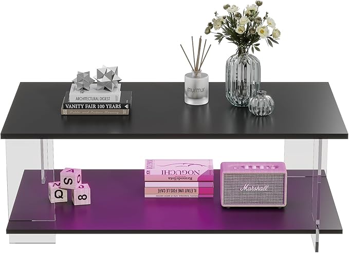 43" Acrylic Coffee Table with Black Wood Top, Minimalist Stylish Modern Rectangular Center Tables for Living Room, Led Living Room Table with Storage Shelf & Acrylic Frame for Small Space