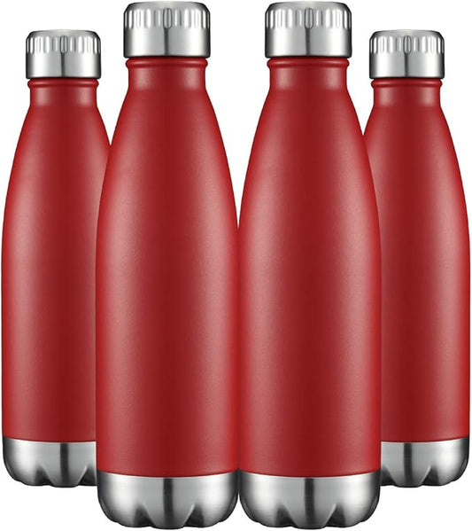 HASLE OUTFITTERS 17oz Stainless Steel Water Bottles Bulk, Vacuum Insulated Double Walled Powder Coated Reusable Metal Sports Water Bottles Keep Drinks Hot and Cold, Red, 4Packs