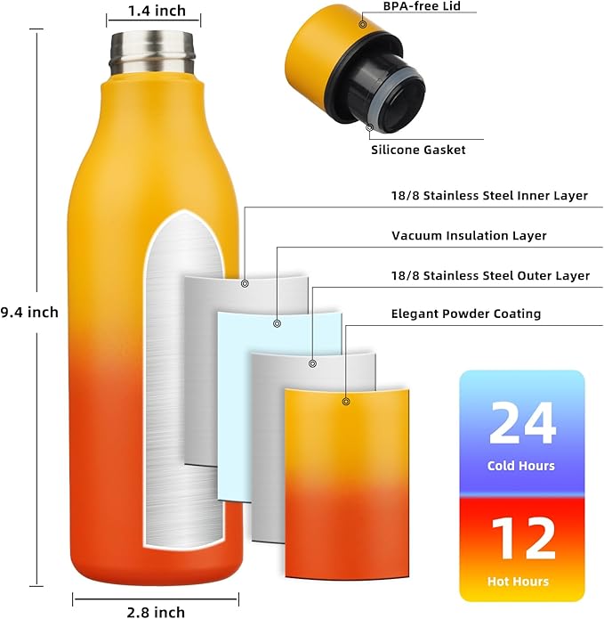 BJPKPK Insulated Water Bottles, 18 oz Stainless Steel Metal Water Bottle with Strap, BPA Free Leak Proof Jugs, Mugs, Flasks, Reusable Thermal Flasks for Sports & Travel, Sunset Orange