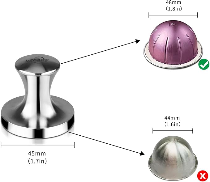 RECAPS Stainless Steel Espresso Coffee Tamper Filling Tool Reusable Coffee Filter Refillable Filter Compatible with Nespresso Vertuo Vertuoline Original Pods 45mm