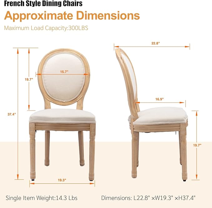 French Country Dining Chairs Set of 6, Vintage Wooden Dining Chairs with Fabric Upholstered Seat&Oval Backrest,Solid Wood Legs&Frame, Farmhouse Kitchen&Living Room Chairs(Beige,6 Pcs)