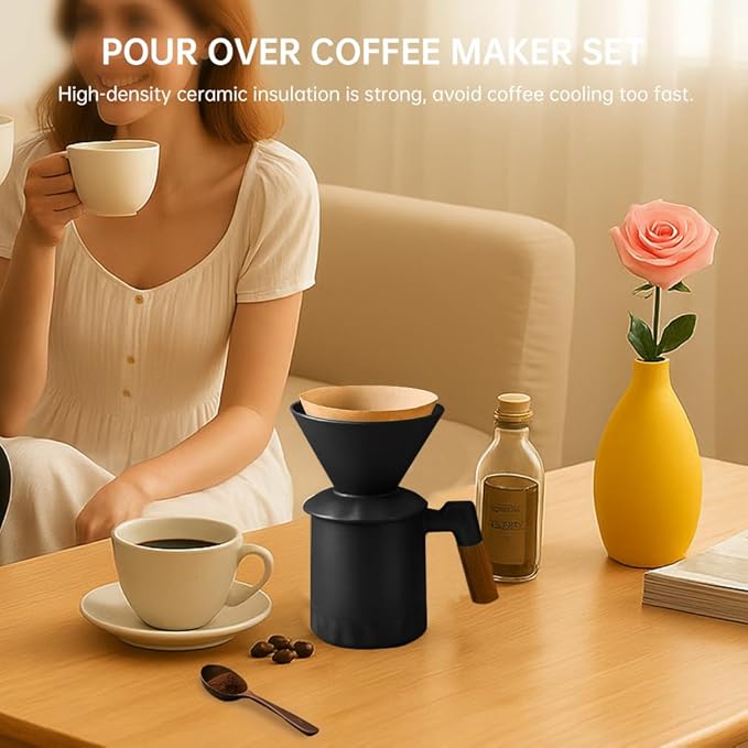 Pour Over Coffee Maker Set, Ceramic Pour Over Coffee Dripper 15.5oz/450 ml with 25 Pcs V60 Paper Filter, Coffee Pour Over Set for Camping, Black