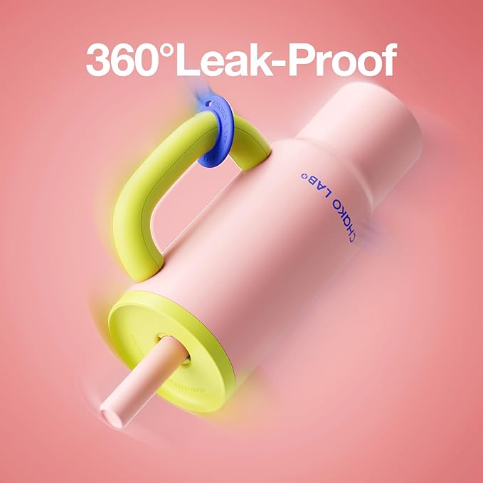 BaWang Insulated Stainless Steel Tumbler | Tumbler with Handle and Straw 33oz | Cup Holder Friendly for Travel | Leakproof Water Bottle | BPA-Free | 316 stainless steel liner| pink＆green