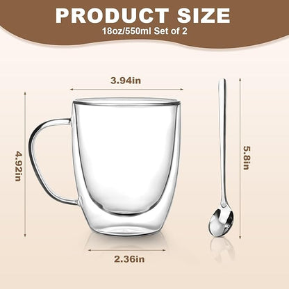 Large Double Wall Glass Coffee Mugs 18 oz, Clear Coffee Cup With Handle,Insulated Coffee Mugs Set of 2 With Spoons Perfect for Espresso, Cappuccino, Latte, American,Tea Bag, Beverage