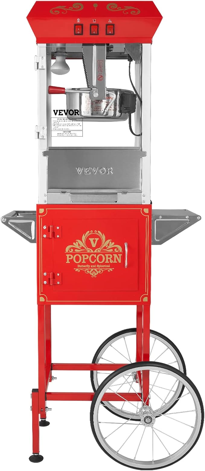 VEVOR Commercial Popcorn Machine, 8 Oz Kettle, 850 W Popcorn Maker on Wheels for 48 Cups per Batch, Theater Style Popper with 3-Switch Control Steel Frame Tempered Glass Doors Cart 1 Scoop 2 Spoons