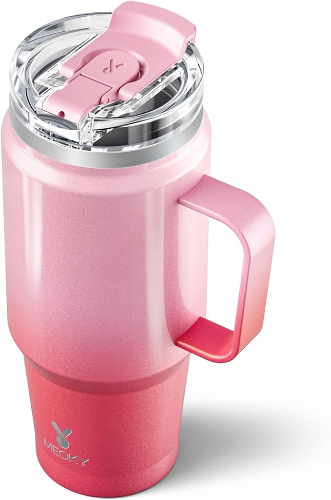 Meoky 32 oz Tumbler with Handle, Insulated Tumbler with Lid and Straw, Stainless Steel Travel Mug, 100% Leak Proof, Keeps Cold for 24 Hours or Hot for 8 Hours, Fits in Car Cup Holder (Flamingo)
