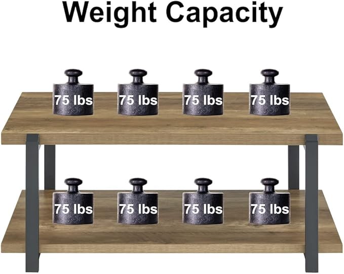 FOLUBAN Industrial Coffee Table with Shelf, Wood and Metal Rustic Cocktail Table for Living Room, Oak