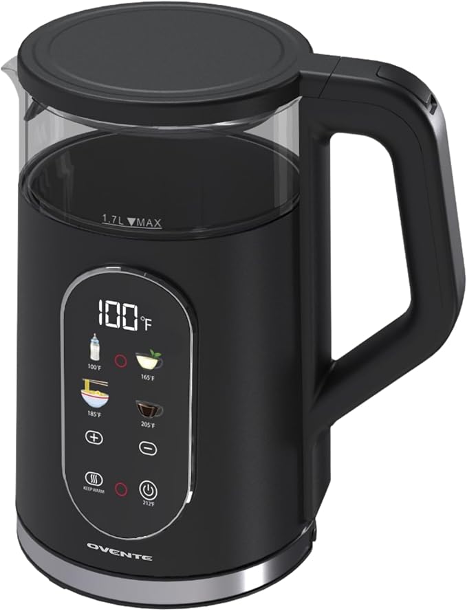 OVENTE Electric Kettle 1500W Fast Boiling Water Heater with 1.7L Double Wall Insulated Borosilicate Glass Interior, Digital Touchscreen, Keep Warm, Auto-Shut Off and Boil-Dry Protection, Black KD96B