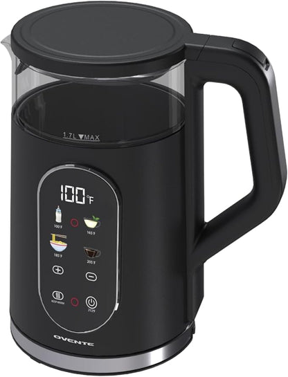 OVENTE Electric Kettle 1500W Fast Boiling Water Heater with 1.7L Double Wall Insulated Borosilicate Glass Interior, Digital Touchscreen, Keep Warm, Auto-Shut Off and Boil-Dry Protection, Black KD96B