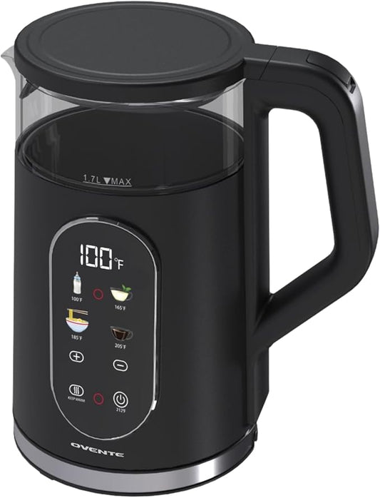 OVENTE Electric Kettle 1500W Fast Boiling Water Heater with 1.7L Double Wall Insulated Borosilicate Glass Interior, Digital Touchscreen, Keep Warm, Auto-Shut Off and Boil-Dry Protection, Black KD96B