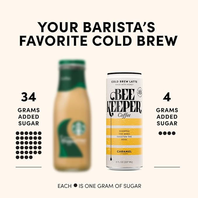Beekeeper Coffee Cold Brew Caramel Latte with Oregon Honey, 8 fl oz cans (Pack of 12), Ready-to-Drink, 125mg Natural Caffeine