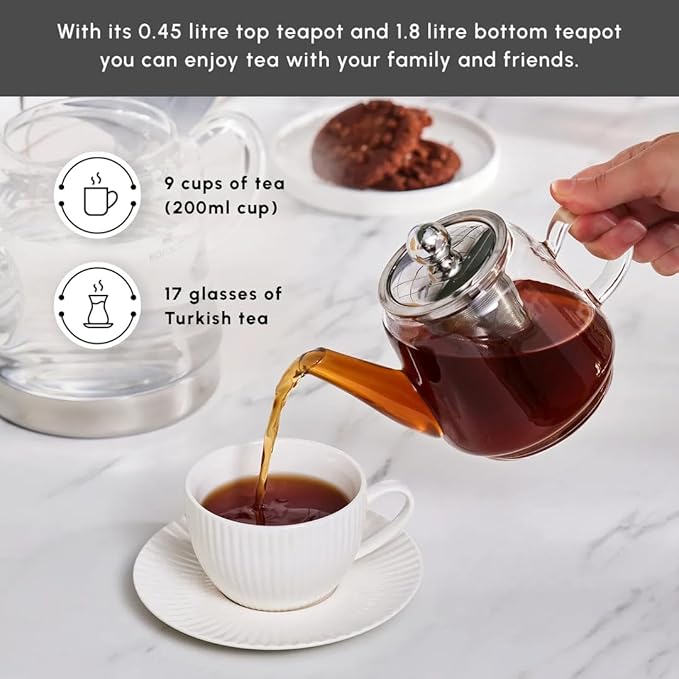 Karaca Dora Teapot Set, Glass, Tea Pot 0.45 L, Kettle 1.8 L, Silver, Transparent, Tea Maker, Turkish Tea Kettle, Tea Maker