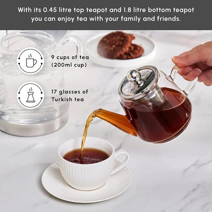 Karaca Dora Teapot Set, Glass, Tea Pot 0.45 L, Kettle 1.8 L, Silver, Transparent, Tea Maker, Turkish Tea Kettle, Tea Maker