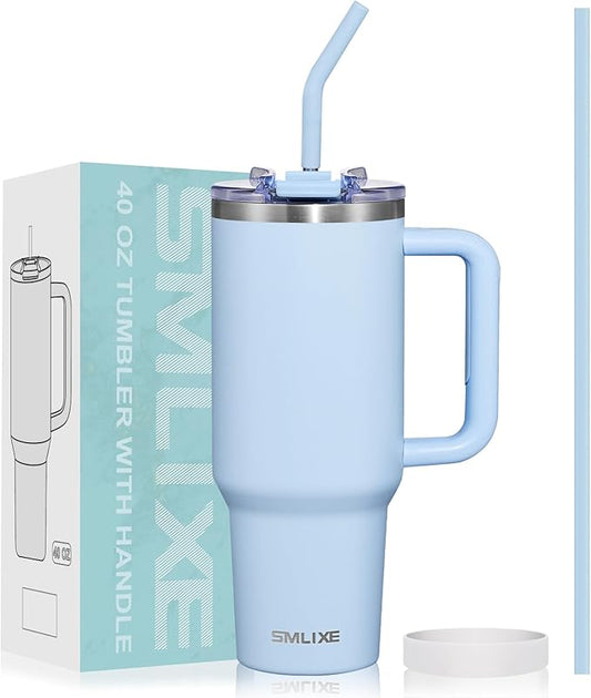 40 oz Tumbler with Handle and Straw Lid,Insulated Reusable Stainless Steel Water Bottle Travel Mug，Cupholder Friendly Double Wall Vacuum Sealed Cup (Sky Blue)