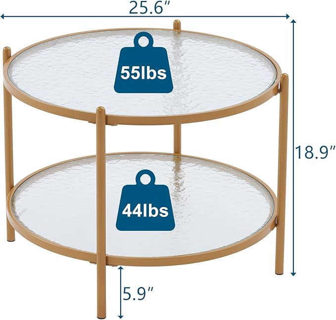 VINGLI 25.6" Small Matte Gold Round Coffee Table Water-Wave Glass Circle Clear Coffee Table, Center Table with 2-Tier Modern Storage Design for Living Room, Bedroom, Meeting Room, Balcony, Patio