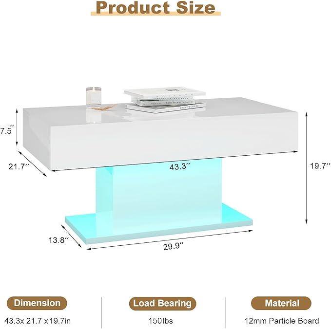 Led Coffee Table for Living Room, Living Room Table Rectangular Center Table, Modern High Glossy Wooden Coffee Tables with 16 Colors LED Lights for Dining Reception Room, White
