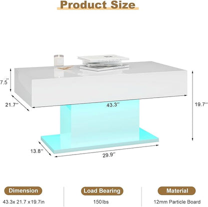 Led Coffee Table for Living Room, Living Room Table Rectangular Center Table, Modern High Glossy Wooden Coffee Tables with 16 Colors LED Lights for Dining Reception Room, White