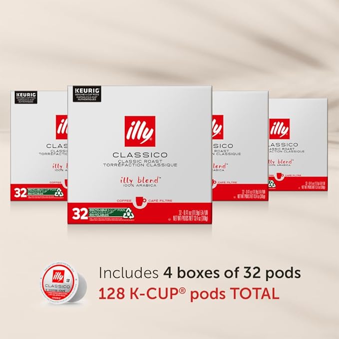 Illy Coffee K Cups - Pods For Keurig Machines – Classico Roast - Caramel, Orange Blossom & Jasmine - Mild, Flavorful & Balanced Flavor - No Preservatives – 32 Count, 4 Pack