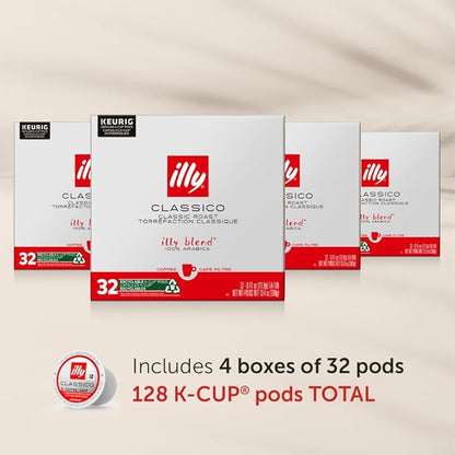 Illy Coffee K Cups - Pods For Keurig Machines – Classico Roast - Caramel, Orange Blossom & Jasmine - Mild, Flavorful & Balanced Flavor - No Preservatives – 32 Count, 4 Pack