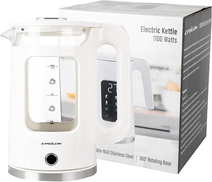 Epsilon 1.7L Glass Electric Kettle – Hot Water Tea Kettle with LED Light, Stainless Steel & Borosilicate Glass, Auto Shut-Off, BPA-Free Electric Teapot, 1100W Fast Boil, Cool Touch