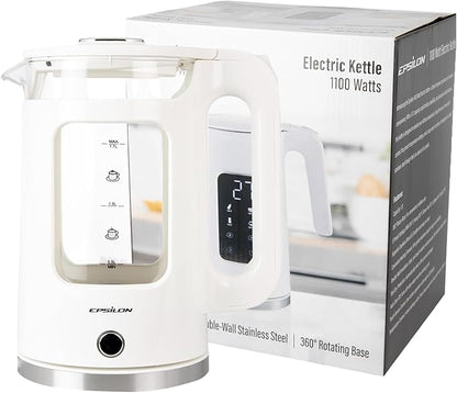 Epsilon 1.7L Glass Electric Kettle – Hot Water Tea Kettle with LED Light, Stainless Steel & Borosilicate Glass, Auto Shut-Off, BPA-Free Electric Teapot, 1100W Fast Boil, Cool Touch