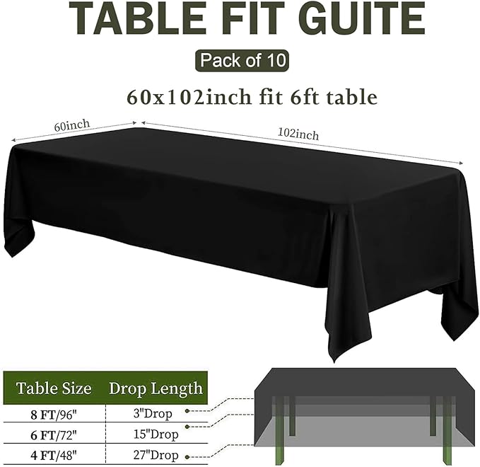 10 Pack Black Rectangle Table Cloth, 60 x 102 Inch Tablecloths for 6 Foot Tables, Wrinkle Resistant Polyester Washable Table Cover for Banquet, Restaurant, Parties