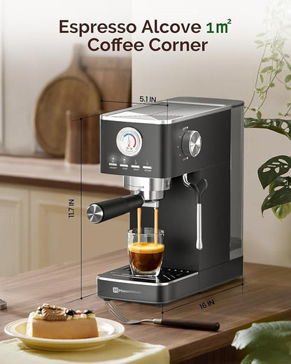 Maestri House Espresso Machine, 20 Bar ULKA Pump, Compact Espresso Maker Built-in Flow Meter Steam Milk Frother, Stainless Steel Coffee Machine for Cappuccino, Latte (Black)