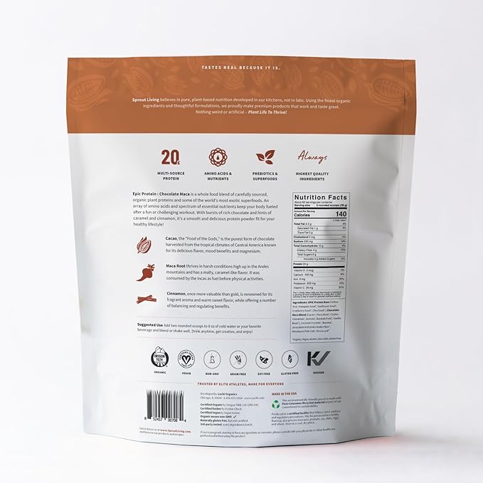 Sprout Living Epic Protein, Plant Based Protein & Superfoods Powder, Chocolate Maca Powder | 20 Grams Organic Protein Powder, Vegan, Non Dairy, Non-GMO, Gluten Free, Low Sugar (5 Pound, 60 Servings)