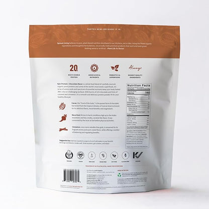 Sprout Living Epic Protein, Plant Based Protein & Superfoods Powder, Chocolate Maca Powder | 20 Grams Organic Protein Powder, Vegan, Non Dairy, Non-GMO, Gluten Free, Low Sugar (5 Pound, 60 Servings)