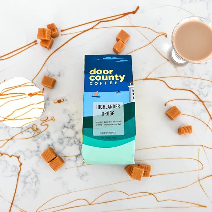 Door County Coffee Highlander Grogg Flavored Whole Bean - 10 oz Bag - Medium Roast - 100% Specialty Arabica - Flavored Gourmet - Highlander Grogg