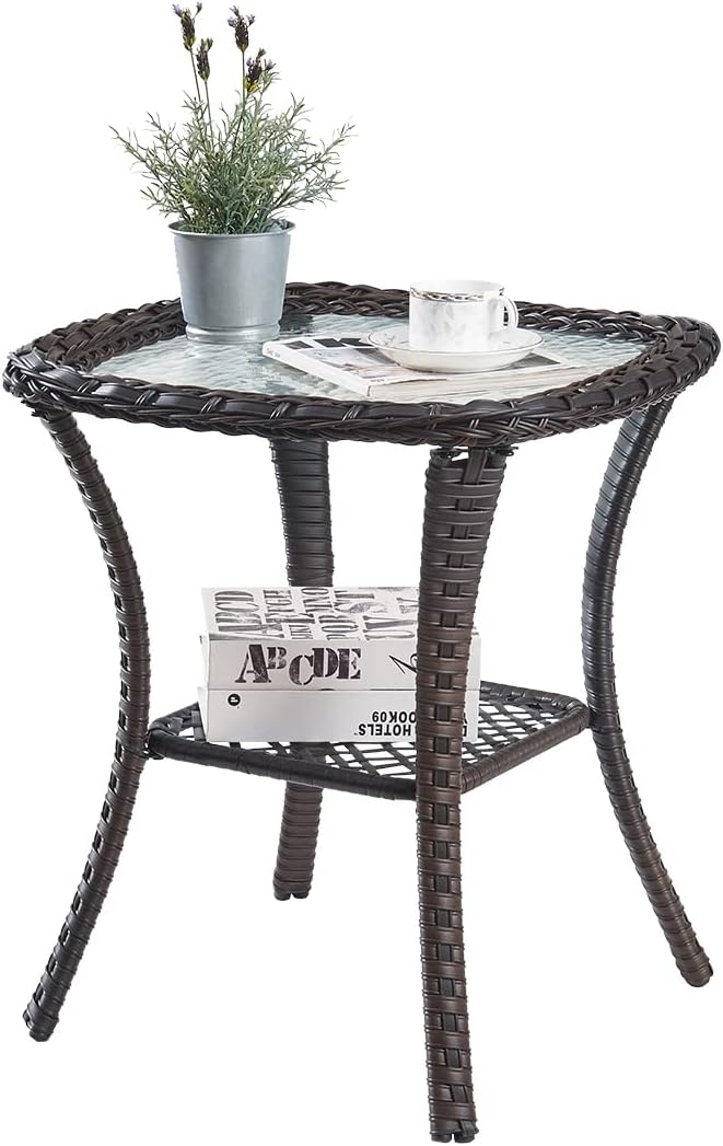 HUMMUH Patio Wicker Side Table Outdoor, Rattan End Table Glass Top Coffee Table with Storage Brown