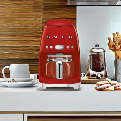 Smeg 50's Retro Style Aesthetic Drip Coffee Machine with 10 Cup Glass Carafe, Auto Start Feature, Keep Warm Plate, and Two Coffee Strength Settings (Red)