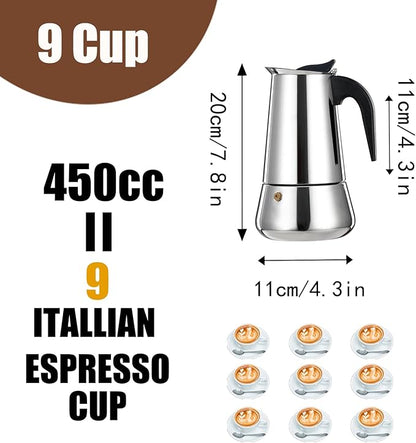 9 Cup Stovetop Espresso Maker Stainless Steel Moka Pot Stove Top Percolator Italian Coffee Makers Capable Mocha Greca Machine Cafe Classic Induction Cookers for Home and Camping 450ml 15oz