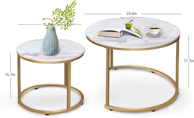 aboxoo Coffee Table Nesting White Set of 2 Side Set Golden Frame Circular Round and Marble Pattern Wooden Tables, Living Room Bedroom Apartment Modern Industrial Simple Nightstand