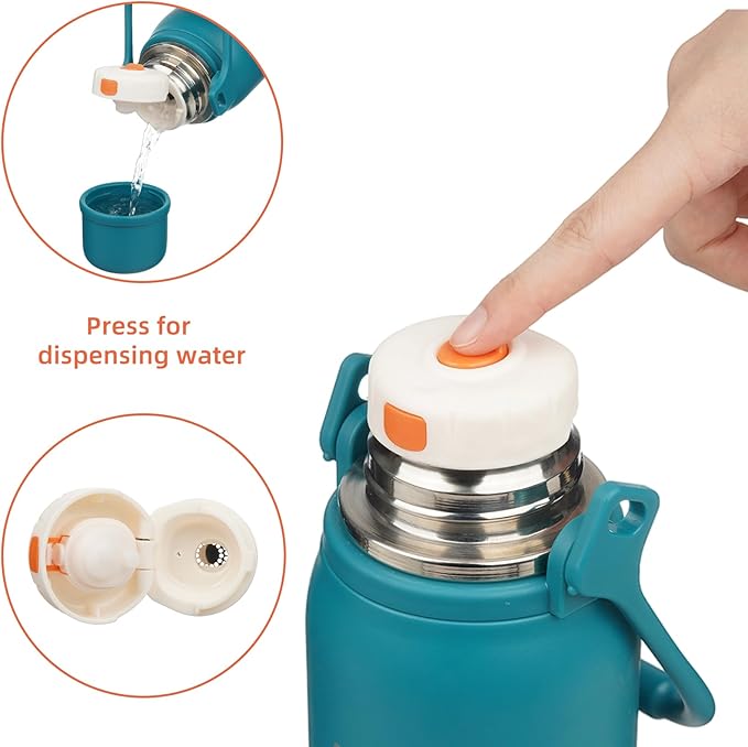 Insulated Water Bottle with Handle and Strap,Vacuum Travel Tumbler with Cup Lid,Thermo Coffee Cup for Hot Cold Drinks 40 OZ,Lake Blue