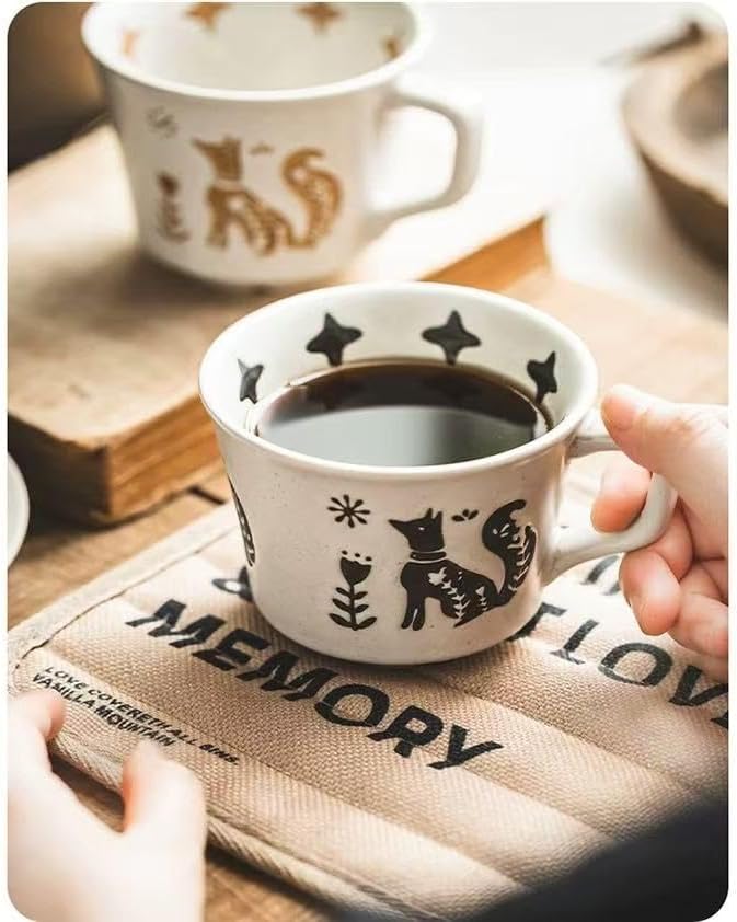 Ceramic Coffee Mug, 12 oz Mug Black Fox Set of 1, Novelty Cup with Handle, Stoneware Fun Cup for Coffee Milk Tea Mocha Latte Cappuccino Espresso Adorable Fox, Microwave Dishwasher Safe