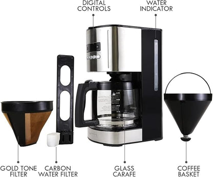 Kenmore Drip Coffee Maker - 12 Cup Programmable Cafe Machine With Glass Pot, Regular & Bold Brew, Auto Shut Off Large Water Reservoir, Reusable Filter, Kitchen Appliances, Black