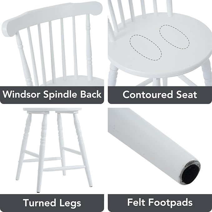 chairus 24" White Windsor Counter Height Bar Stools Set of 2, Farmhouse Wooden Counter Stools with Spindle Back & Turned Legs, Rustic Vintage Colonial Bar Chairs for Kitchen Island
