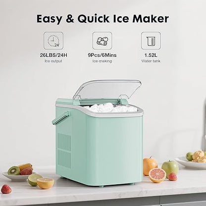 Sweetcrispy Countertop Ice Maker with Scoop, Basket and Handle, Portable Ice Machine 9 Ice Cubes Ready in 6 Mins, 26.5lbs in 24Hrs, 2 Sizes for Home Kitchen Office Bar Party, Green