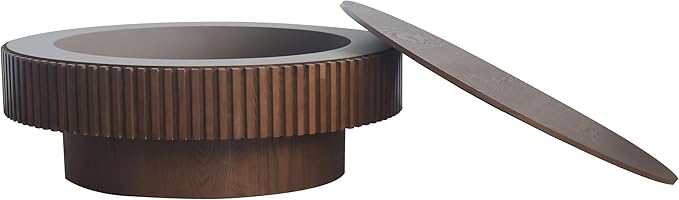 39 Inch Round Drum Coffee Table with Storage, Modern Handcraft Fluted Drum Coffee Table, Wooden Round Cocktail Tea Table Center Table with Sturdy Pedestal for Living Room Apartment (Walnut)