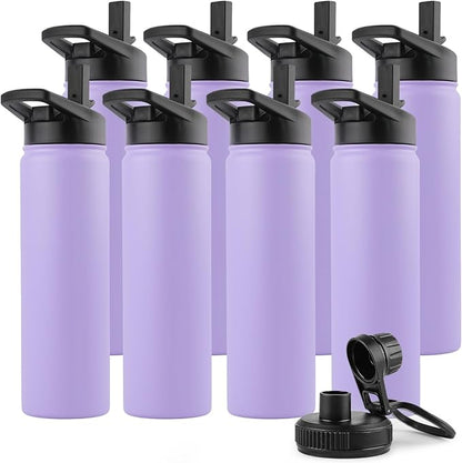 DOMICARE Insulated Water Bottle, 22 oz Vacuum Insulated Stainless Steel Reusable Sports Bottle with Straw Lid & Spout Lid for Travel, Camping, Bike, Leakproof, Purple, 8 Pack